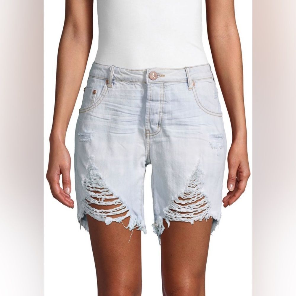 ONE TEASPOON Stevies Shorts Size 25 Long Length Light Blue Distressed Retro 90s - Picture 3 of 12